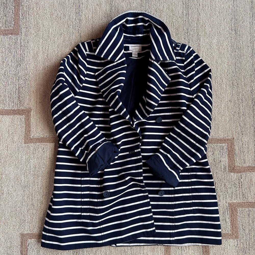 Navy White Striped Trench Jacket Nautical Coastal French Girl Preppy LOFT L